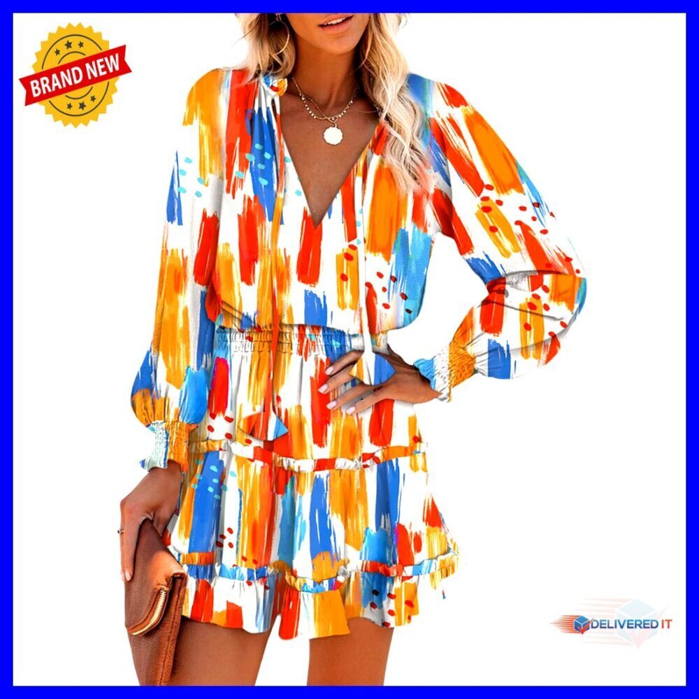 Ruffle Tiered A-Line Mini Dress Elegant Boho Casual Swing Skirt Long Sleeve